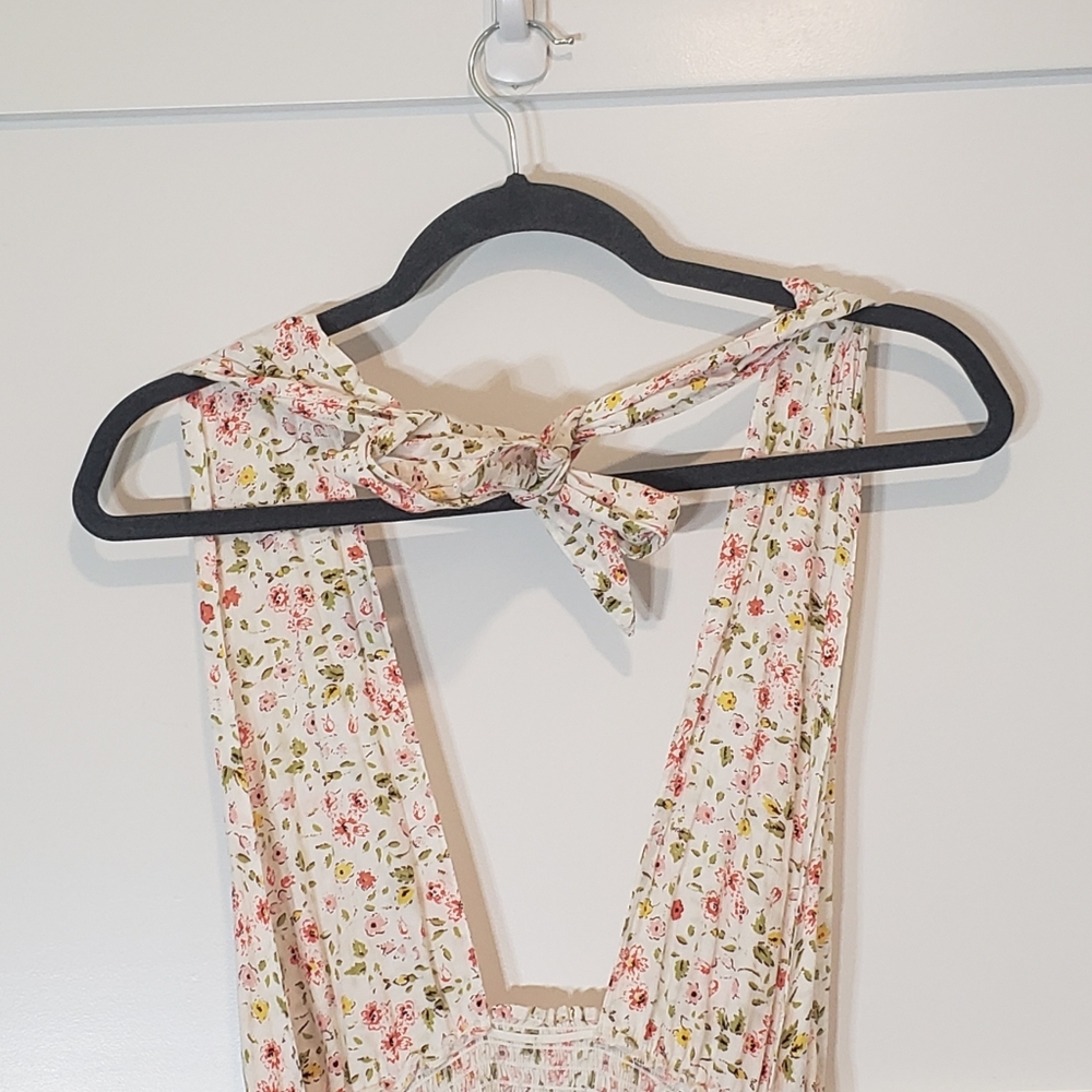 Aerie Halter Ditzy Mini Dress Cotton Lined White Pink Yellow Floral Size Medium - Picture 9 of 13